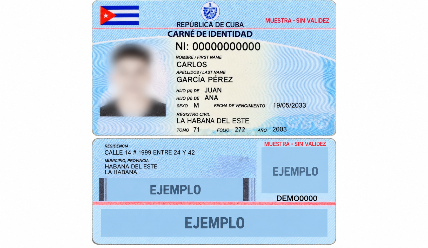 Anverso y reverso de un carné ficticio con rostro borroso y marca MUESTRA